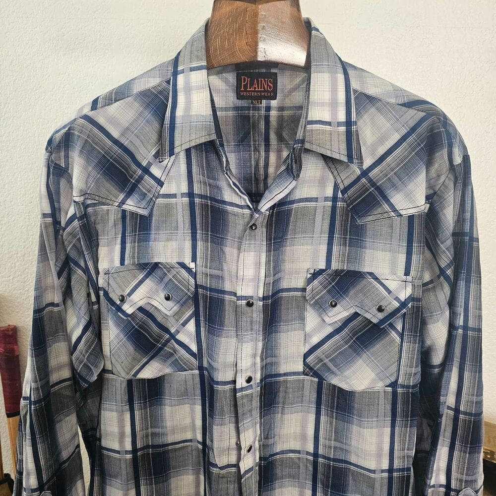 Plains Western Wear Tall Man Pearl Snap Shirt XLT Plaid Navy Blue Grey Long
